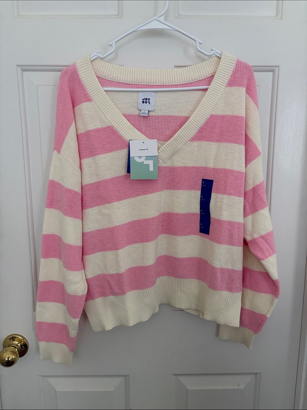 JoyLab Cream and Pink Striped V-Neck Sweater